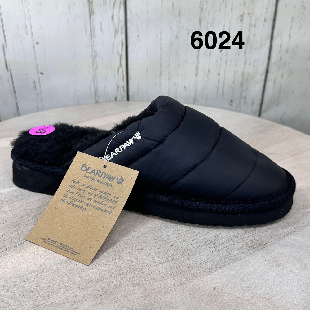 Bearpaw Womens Black Puffer Slipper Mules Quilted Wool Blend Size 8.5